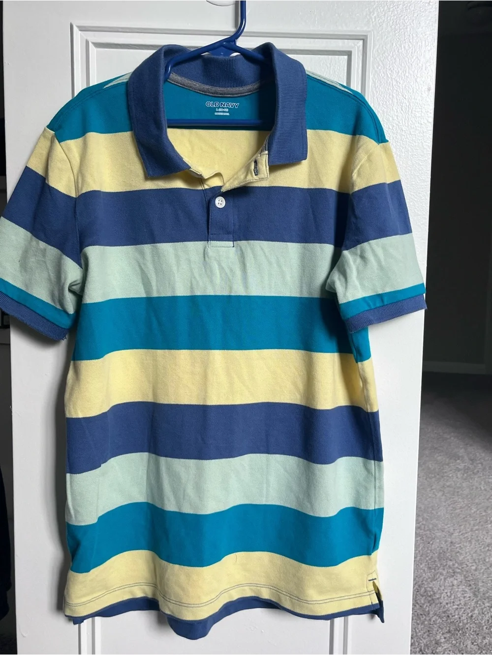 Old Navy Men’s Short Sleeve Polo in Navy, Teal & Yellow Stripes